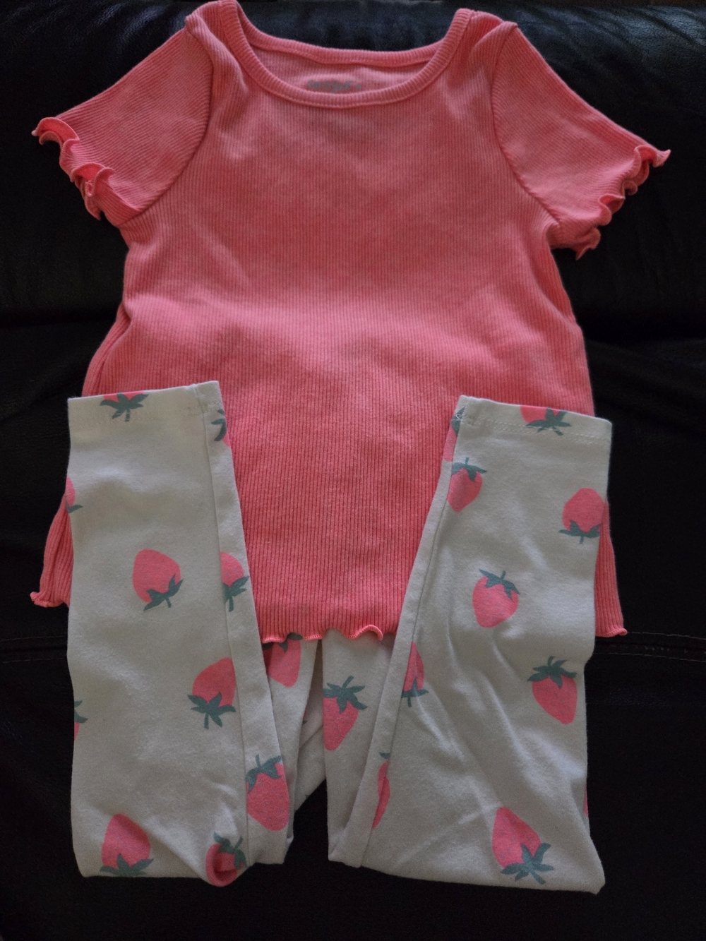 Cat & Jack Pink Ribbed Short Sleeve Top with Strawberry-Print Leggings